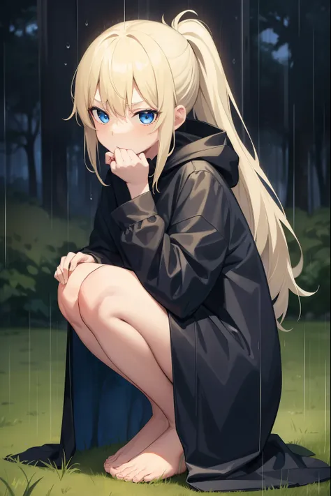 forest,grassy area,night,rain,1 girl,blonde,ponytail,put on a hood,long black raincoat,blue eyes,serious face,dark face,rainに濡れている女の子,barefoot,Squat down with one knee up,