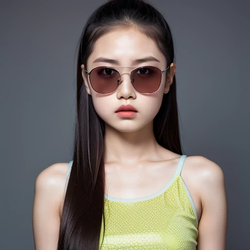 （best quality, masterpiece：1.2）, ID photo of a 13-year-old Chinese girl, sportswear, camisole，Pure cotton，gray background, Surrealism, ultra high definition, textured skin, high detail，facing the camera, 8K crocodile skeleton（（（platinum marble sunglasses））...