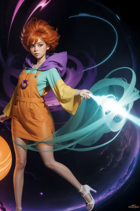 concept art, overhead angle of a Will-o-the-wisp, wearing Funny Somali Emerald deep orange Pinafore, Caramel hair styled as Short hair, fluorescent purple Hair tie, equirectangular 360, Highres,  [(art by Willi Baumeister:1.1), (art by John T. Biggers:1.2)...