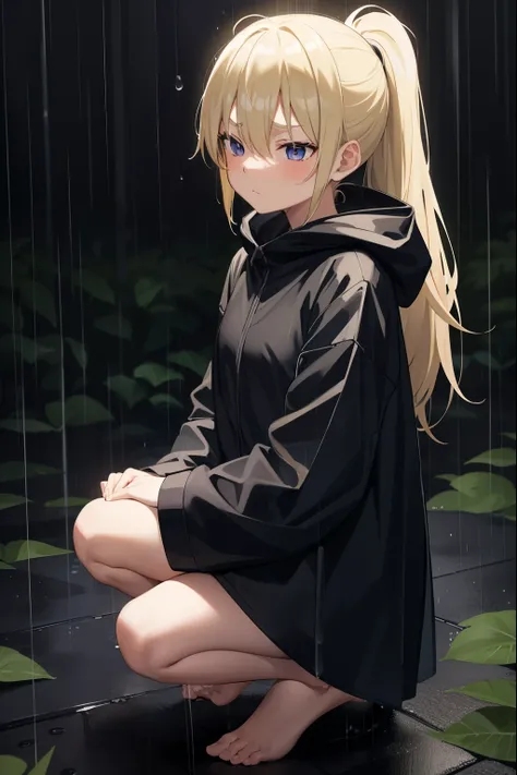 forest,night,rain,1 girl,blonde,ponytail,put on a hood,long black raincoat,serious face,dark face,rainに濡れている女の子,barefoot,put one knee on the ground,Close ~ eyes