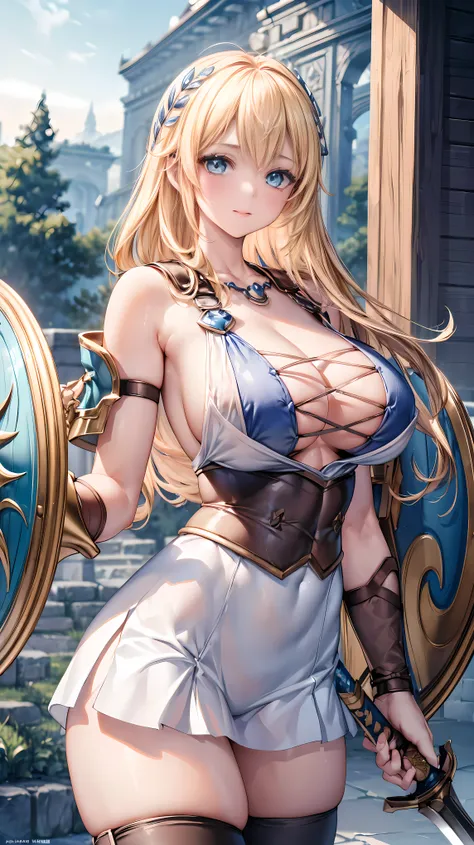 Super detailed、masterpiece、sensual, long blonde hair, thick thighs, 8K, 4k, highest quality, (High resolution:1.6), cute anime face, noise reduction, (shining blue eyes, gentle smile, kind eyes)、toned abdominal muscles, muscular arms, muscular legs,  young...