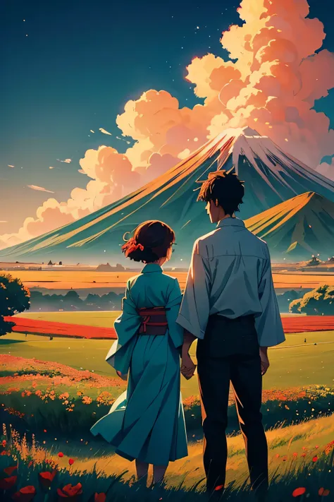 craft a rich and detailed anime-style artwork depicting a boy and a girl standing together on a tranquil landscape adorned with ...