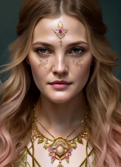 Looks like Drew Barrymore, (symmetry:1.1) (portrait of floral:1.05) a woman as a beautiful goddess, (assassins creed style:0.8), pink and gold and opal color scheme, beautiful intricate filegrid facepaint, intricate, elegant, highly detailed, digital paint...