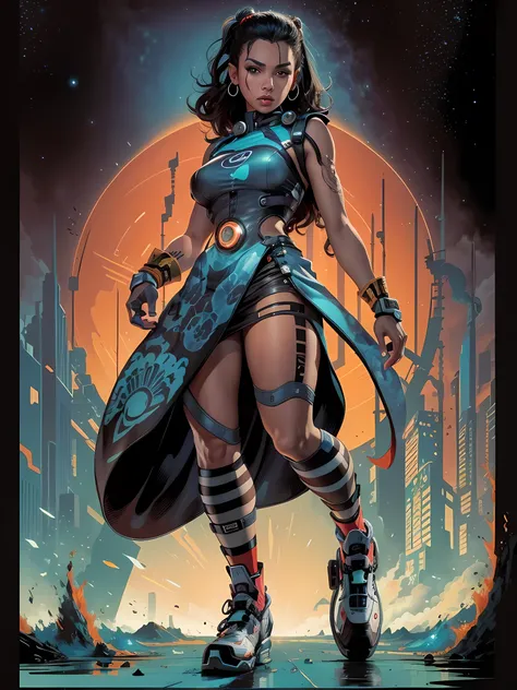  ((best quality)) , ((masterpiece)) ,((detail)) ,woman, aborigines, assassin,matte skate skirt,slicked back hairstyle,Peeping Space Age Blacktail,Simple background,  (((comic temptation))) , illustrate, comic art, graphic novel art, energetic, Very detaile...