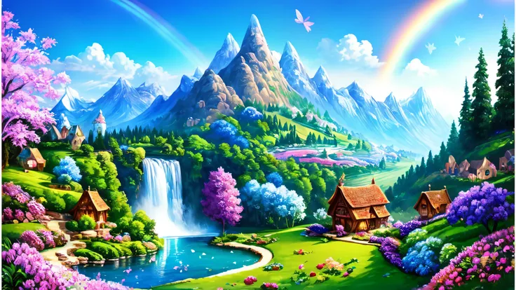 bright, ((cartoon style)), a background of blue sky with curly fairy-tale clouds, a rainbow behind the mountains, in the middle there is only the sky with clouds, mountains on the left, snowy mountains in the distance, fairy-tale houses on the edges, a rai...