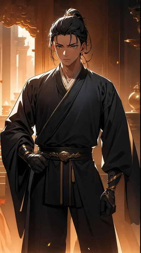 two-dimensional，anime style，one person（male warrior），Correct proportions，facial details，swordsman，High ponytail hairstyle，neck details，There is an Adam&#39;apple，black and gold robe，joke，black and gold robe，clothing details，transfer，long sleeve，Game qualit...