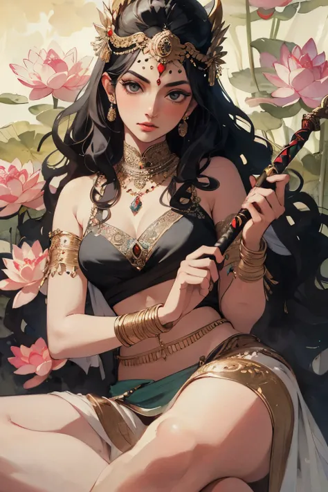 arafed woman in a black and gold outfit holding a sword, Gwaites style artwork, extremely detailed art germ, by ヤン・J, golden lotus princess, IG model | art germ, ((beautiful fantasy empress)), art germ. realistic illustration, beautiful fantasy empress, st...