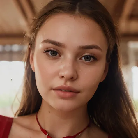 there is a young woman with a red top and a red tie, portrait sophie mudd, soft portrait shot 8 k, full - face close - up portrait, young womans face, close-up perfect face, detailed perfect face, closeup shot of face, finely detailed perfect face, perfect...