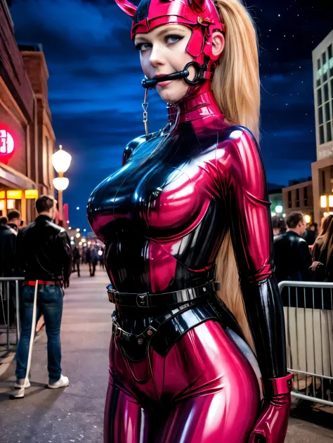 ponygirl, arms behind back, bdsm, belt, evan-rachel-wood gag stick (skimpy)-pink-rubber suit horse mask, nighttime, (crowded) do...