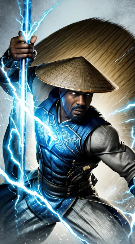 ator ((idris elba)) como raiden, combate mortal, usa manto branco, a vietnamese hat, olhos azuis brilhantes, wields baton, god o...