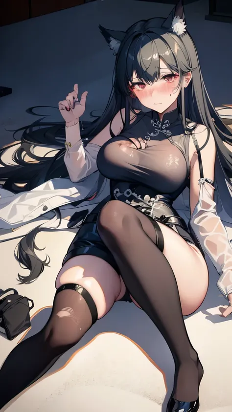 Broken cheongsam，hole black，Hole socks，seriously injured，Battle damage，blush，Gasping lightly，damaged clothes，huge breasts，damaged clothes，collapsed to the ground