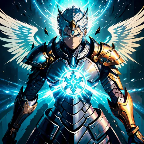 battle force angel、A glorious host who jumps into battle, Bathed in the light of Boros&#39; enthusiasm. (angel 1.2), (male 1.2), (paladin 1.2), (Action Pose 1.2), (silver armor 1.2), (angel wings), close-up portrait, (only one paladin 1.2)