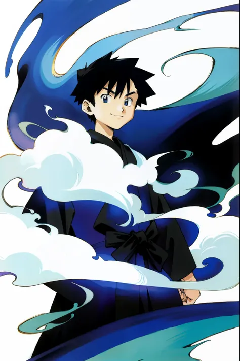 by Ken Sugimori, sugimori 1990s, ((only 1man)), black kimono, smiling, surrounded by ghostly wisps and fog, ((hands behind their back)), full black pupils, manga, best quality, highly detailed, clean lines, cowboy shot, good hands, good eyes, hd, 8k, profe...