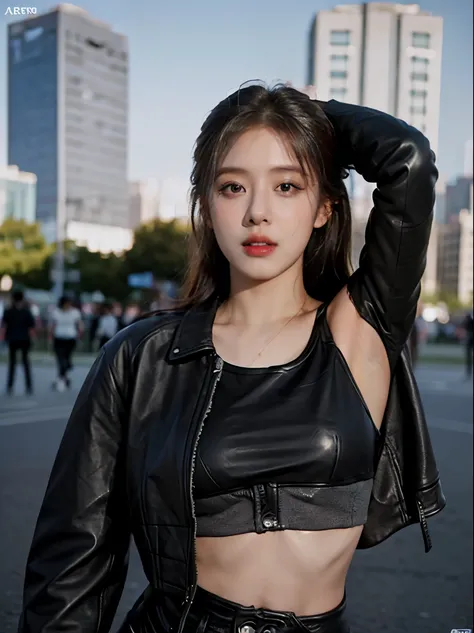 (​masterpiece:1.2), 8k,(ultra-realsitic:1.37), in public park, f=1.8, daytime, blurred background, Korean porn actress dancing, (visible left armpit:1.5), face lights, Detailed face, (seductive face:1.5), (a black faux leather jacket:1.5), (grey sports bra...