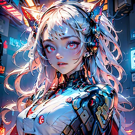 (masterpiece, best quality:1.3),extremely high detailed, intricate, 8k, HDR, wallpaper, cinematic lighting, (universe), fighting, glowing, armor, 1girl, beautiful face, red eyes, glowing eyes, mecha, white robe, large wings,