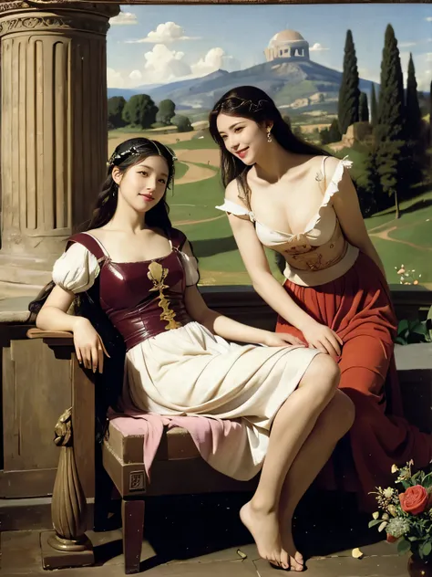 Giorgione&#39;s painting style,Discussion between two female philosophers,math、astronomical machine、astronaut、roses in vase、fruit、Cute trinkets、smile、ancient greek costume、Ancient Roman landscape in the style of Nicolas Poussin,laughter,,sweet and seductiv...