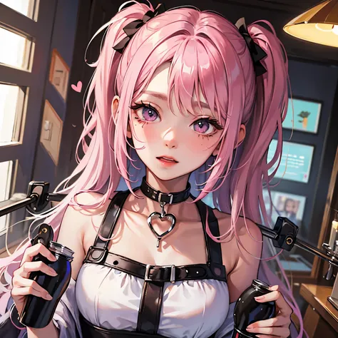 striped hair,pink twintail hair, Hello,  mole under eye, mole under mouth, heart shaped eyes, long eyelashes, pink eyes, heart shaped choker、Full body Esbian、look at the audience、shy, blush, teeth, ear blush, nose blush,anime style, color field paint, ray ...