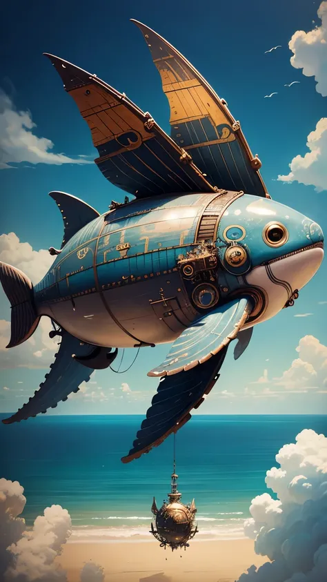 steampunkai。highest quality。masterpiece。detailed detailechanical whale swimming in the air。aerial perspective。The background is blue sky and white clouds。