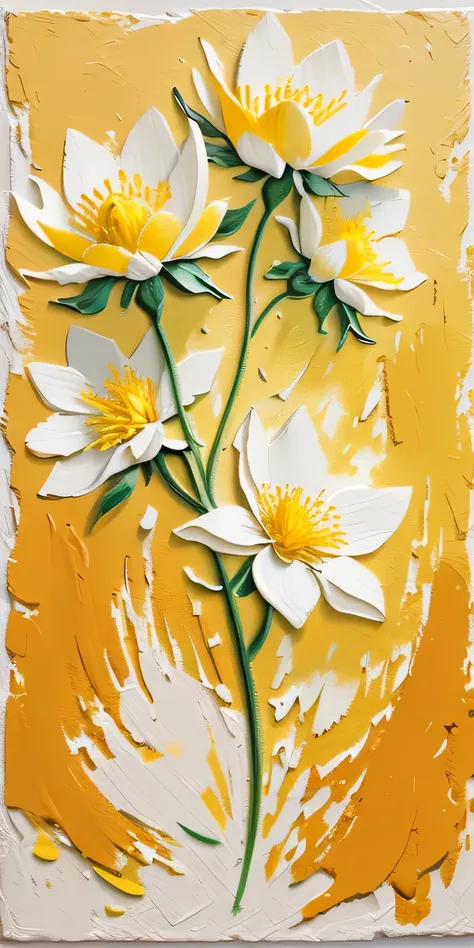 Yellow flowers painted on white surface，The center is yellow, Oil paint dough relief, 详细的dough, Oil paint dough relief, 详细的dough brushwork, 厚dough paint, dough, shadow, paint mixture, golden flower, 分层dough, 厚dough