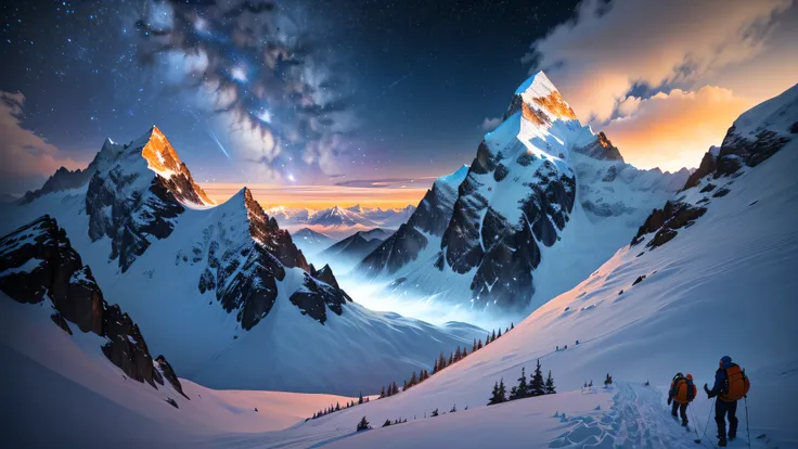 In the middle of the snowy mountains, le ciel nocturne était une toile d&#39;twinkling stars. Deux alpinistes déterminés et prêts à grimper, leurs visages illuminés par la lueur orange des éclairs qui illuminaient par intermittence le sommet de la montagne...