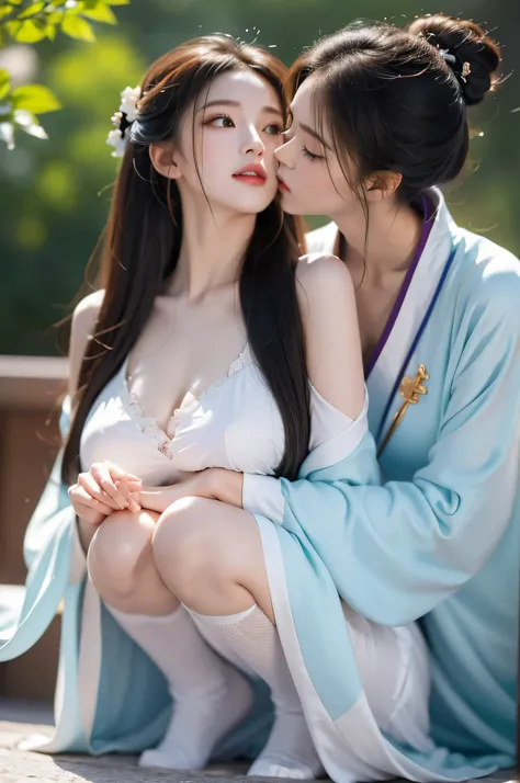 High resolution、２A beauty，Sexy、long hair，Clear hand details，plump breasts，fit，lover、Look at each other from the front、Sticking out tongue、((kiss))、(((法式热kiss)))、hug each other，It&#39;s like pressing each other&#39;Chest、stare at each other、Moist eyes、half-...