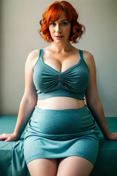 realistic photo of a beautiful chr1sh3n woman,  1girl, solo, breasts, short hair, blue eyes, skirt, orange hair, large breasts, ...