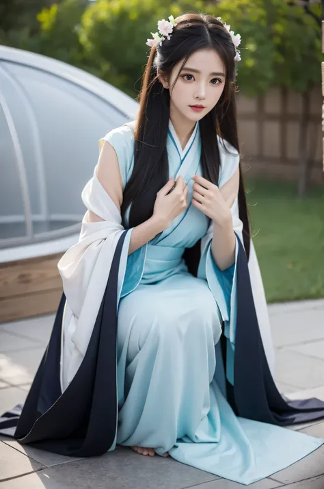 fair, masterpiece, best quality, extremely detailed face,1 girl, alone，wrap your chest，hanfu，kneeling position