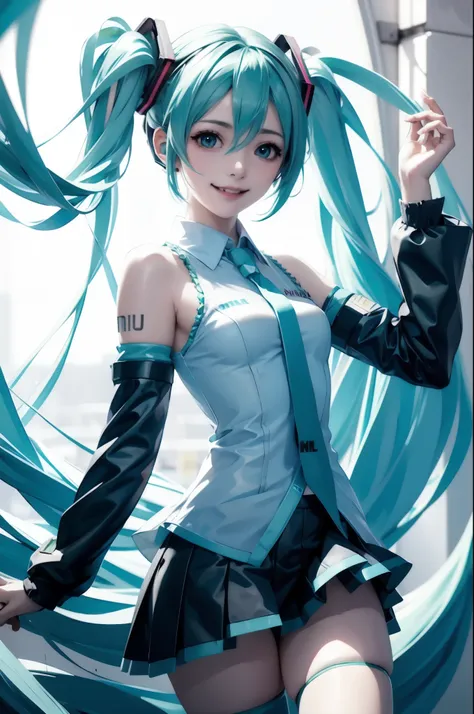 1 girl, smile, (vocaloid), ((hatsune miku)), ((blue blue-green hair)), (long hair), looking at the viewer, volume lighting, dyna...