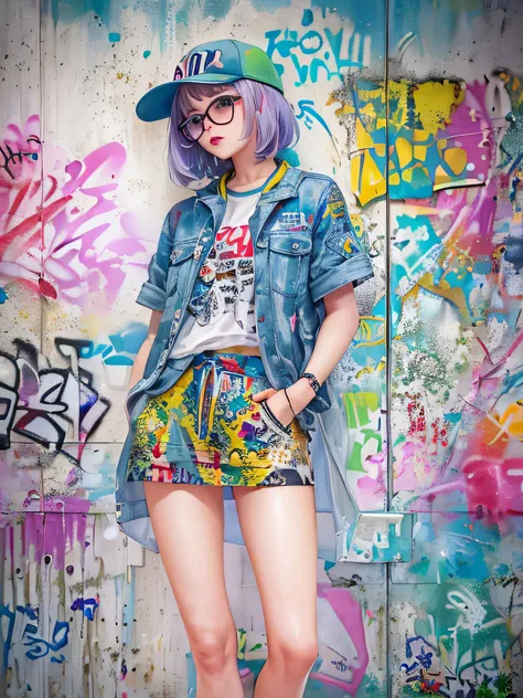 8K quality, watercolor painting, stylish design, (((The strongest beautiful girl of all time))), (((Japanese)))、Idol、clear, stylish glasses, Fashionable hats, (((highest quality))), bob hair, put your hand on the wall, HDR, ((Detailed details)), (((trend f...