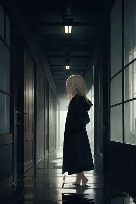 A dilapidated building surrounded by forest,night,rain,dark,A blonde, barefoot girl in a black raincoat nearby,