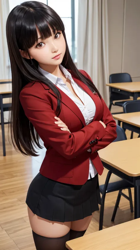 ((highest quality)), ((table top)), (be familiar with), (highlight), perfect face　Young girl with detailed face showing cleavage、red and long eyes, thick, shiny, Beautiful black hair with blunt bangs、solid color background、standing with arms crossed、Wearin...