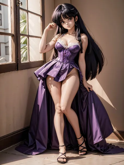 Garota anime de cabelo escuro com saia vestido longo purple meio transparente e espartilho, 16 anos, corpo bonito, seios grandes, com hand in panties , hand in hair, Garota sensual, blue cabelo, mechas de cabelo laterais, mechas de cabelo na lateral do ros...