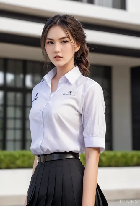 masterpiece :1.3), a tall and pretty woman, slender abs, dark brown hair styled in loose waves, breasts, student uniform, white ...