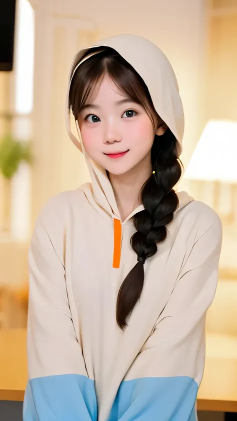 one girl、((smile:0.1))、pretty girl、dark beige hair、baby face、young、delicate girl、Braid、Upper body、small breasts、unreasonable precision、Super detailed、blue shirt、Layering、light orange hoodie、completely flat、Honesty、thin arms, professional lighting, film gra...