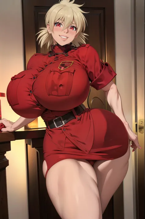 High resolution, Hellsing Ultimate art style, Seras Victoria, 1girl, ((bimbo))), short blond hair, red eyes, puffy lips, thick lips, wide hips, thick thighs, enormous fake breast, huge ass, romantic smile, blushing girlfriend, tight police uniform, breasts...