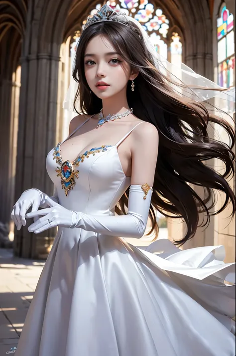 best quality, masterpiece, There is only one woman, yak, cute teen, shiny lips, sweet, sun glare, Conservative attire, Beaded bell-line wedding dress, white gloves, bridal tiara, depth of field, blurred background, Cathedral Background, light particles, st...