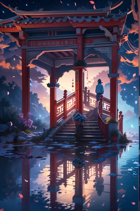 masterpiece, 动漫Chinese arch bridge跨过河流的水体, bright starry sky. Chinese arch bridge, Xin Haicheng的图片, Colorful and bright，high saturation，high contrast, concept art, Lofi Art style, （（reflection））. author：Xin Haicheng, Lofi Art, beautiful anime scene, anime ...