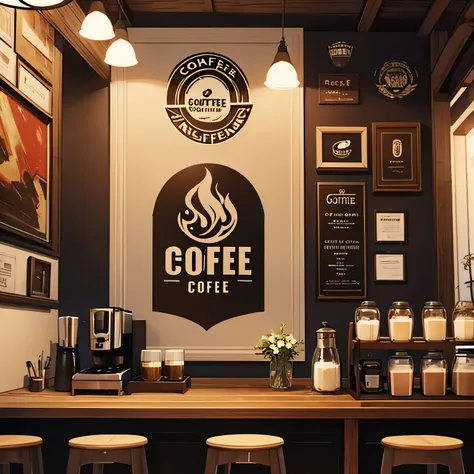 Create a logo to stick on the wall that is a cup of coffee with smoke and several coffee beans that has a title that says coffee house 