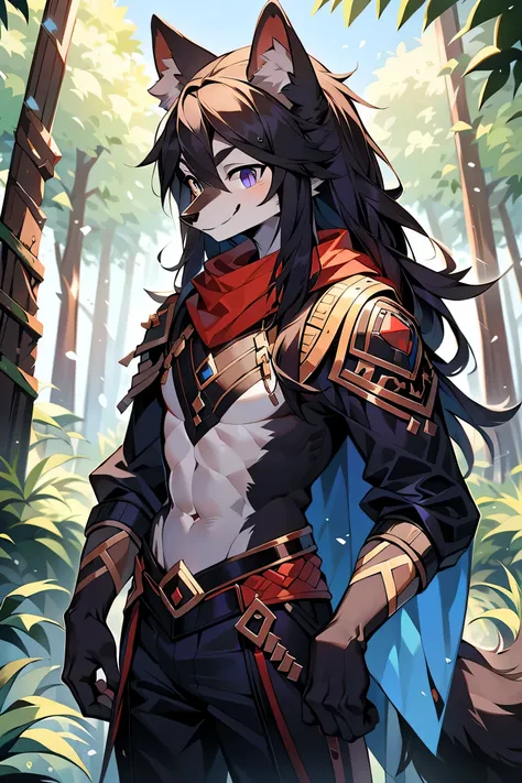 The male wolf is 180 cm tall，blue-purple eyes, , long black hair, end,  The upper body shows off a perfect figure，red and black clothing，with a smile，two small ears，fair skin standing ，in the forest,yellow 