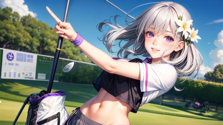 realistic, 1 real girl, gray hair, purple eyes, shining eyes, crop top, skirt, parted lips, blush, night, flowers, sun, sunlight,Have a golf swing、golf woman with big 、peace sign、Have golf clubs、smile、Swinging a golf driver、I can see a little of my pants