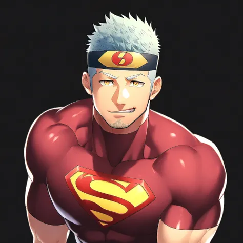 anime characters：Guy, priapus, 1 young muscular man, male focus, Sporty black headband, Burgundy Turtle Neck Skinny Superman T-Shirt, Shiny snakeskin textured T-shirt, Shining highlights, superman logo, muscular male, muscular, only, Upper body, alone, whi...