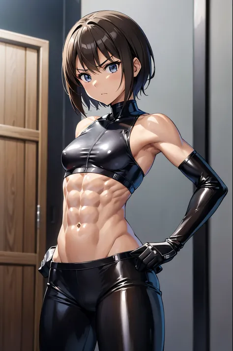 masterpiece, best quality, ultra detailed, ultra high resolution, very detailed face, solo, anime, 20 years old girl, slim, wearing a black sleeveless rubbersuit , fighting pose, ((exposing the abs)), ((six pack  abs:1.2)), lightbrown short hair, small bre...