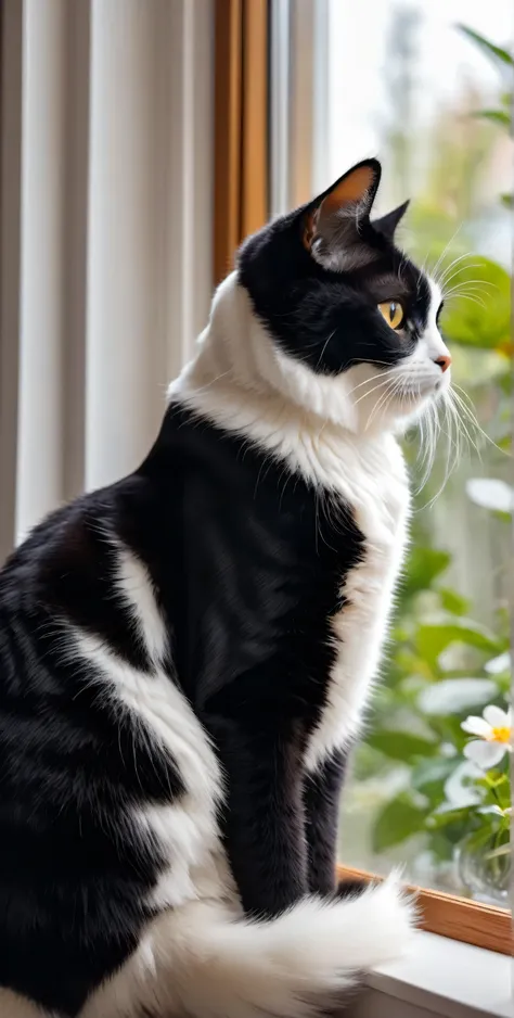 ((black and white honey cat sitting))looking out the window,indoor,masterpiece,highest quality,cute,futebuteshi,fun,happiness,,s...