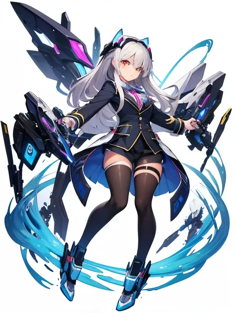 masterpiece　high resolution　Precision　girl　Bewitching　Wearing goggles　full body picture　centered　white background　blazer　silver hair　No expression　7 machines circling around　7 floating mecha　tights