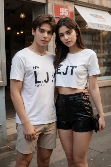 Couple with enitial in their shirt the boy is letter j and the girl is lettere