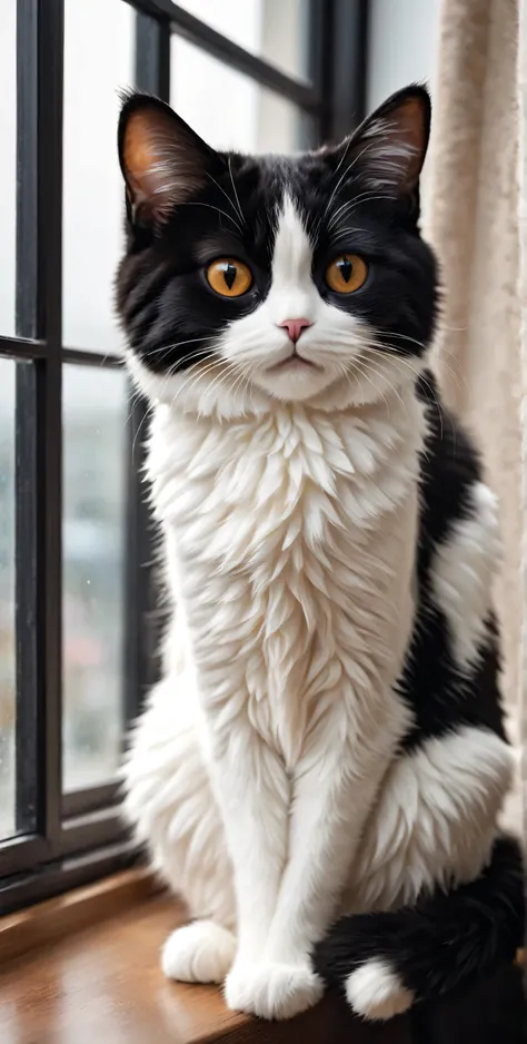 ((black and white honey cat sitting))looking out the window,indoor,masterpiece,highest quality,cute,Futebuteshi,fun,happiness,,stylish natural interior,anatomically correct,
