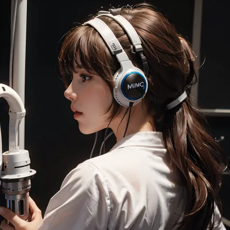 masterpiece, best quality, ultra-detailed, illustration,, recbooth, solo, microphone, headphones, realistic, brown hair, shirt, cable, white shirt, from behind, microphone, microphone stand,  