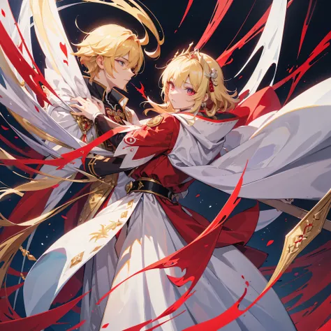 Anime character wearing red cloak and white cloak，with gold frame, beautiful androgynous prince, keqing from Genshin impact, Exquisite androgynous prince, zhongli from Genshin impact, Portrait of magical blond prince, Genshin impact character, casimir art,...