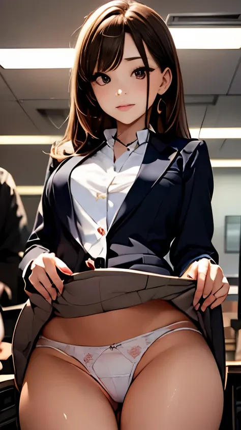 highest quality, table top, beautiful mature women、beautiful face、Faint-hearted woman、office suit、tight mini skirt、brown haired、brown eyes、long hair、small eyes、visible all over、white panties、Panty shot