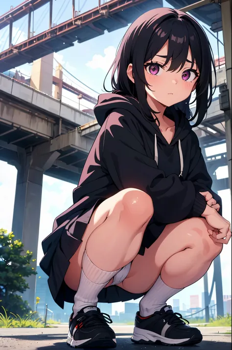 Under the dimly lit bridge　under the viaduct　elementary school girl　8-year-old　flat chest　black hair　long hair　eyes are purple　（（1 person））　black hoodie with upper body hood　Lower body white miniskirt（（white panties））　black socks　sneakers　squatting down　fl...